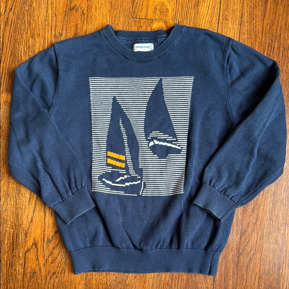 Mayoral navy knit sailboat sweater, size 6T